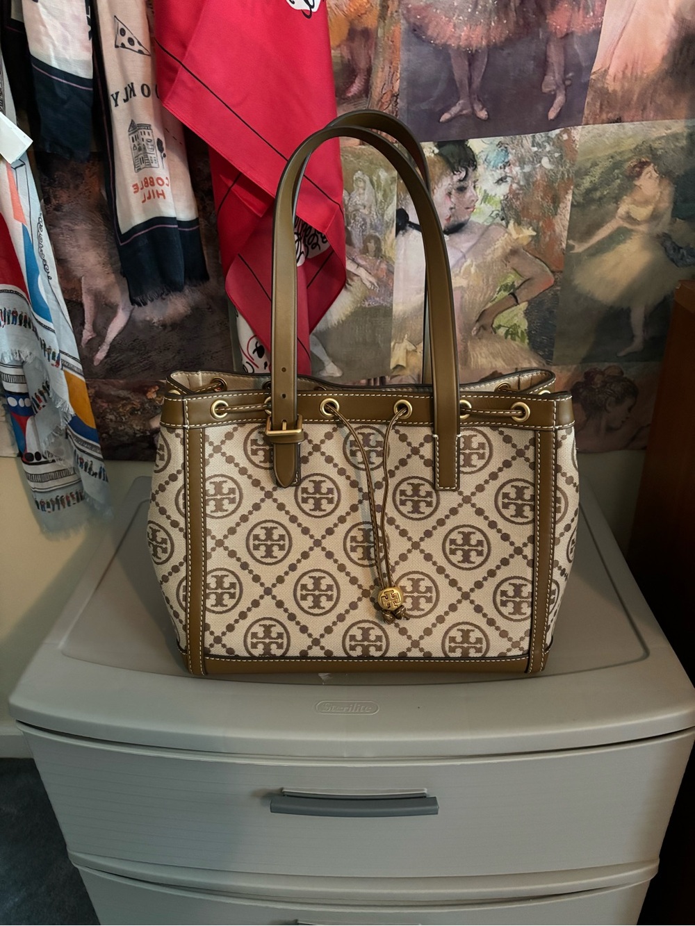 Tory Burch Beige and Brown Logo Canvas Tote with Gold Charm
